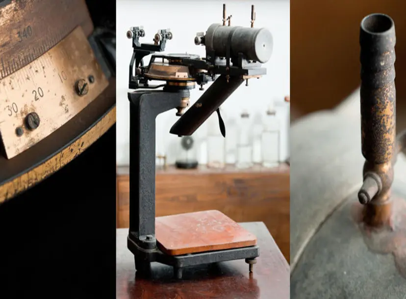 A montage of William Bragg's spectrometer from three different angles