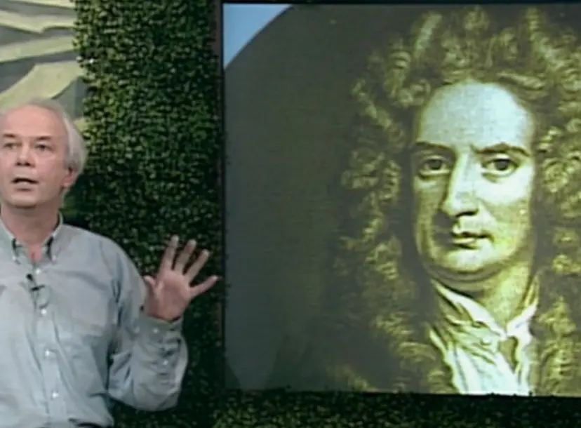 Ian Stewart gesturing with his hands held up, next to a portrait of Sir Isaac Newton