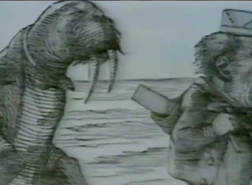 A sketch of a walrus and a man in a top hat by the sea