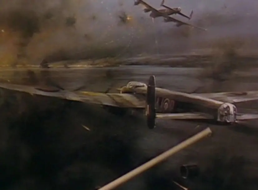 An oil painting of a fighter jet, being pointed at with a thin wooden stick