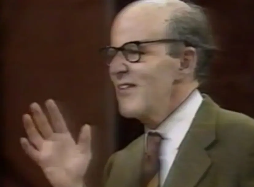 Max Perutz speaking in the Ri theatre