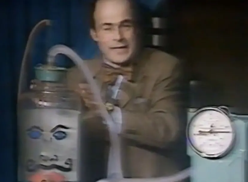 Heinz Wolff standing next to a contraption with a drawn-on face