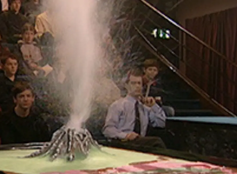 A replica of a volcano exploding