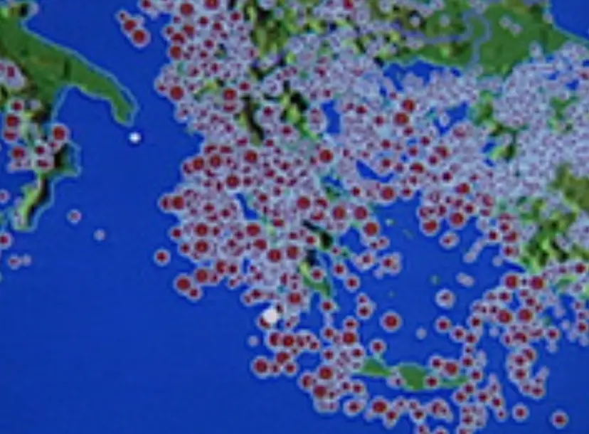 A map with little red dots covering much of it