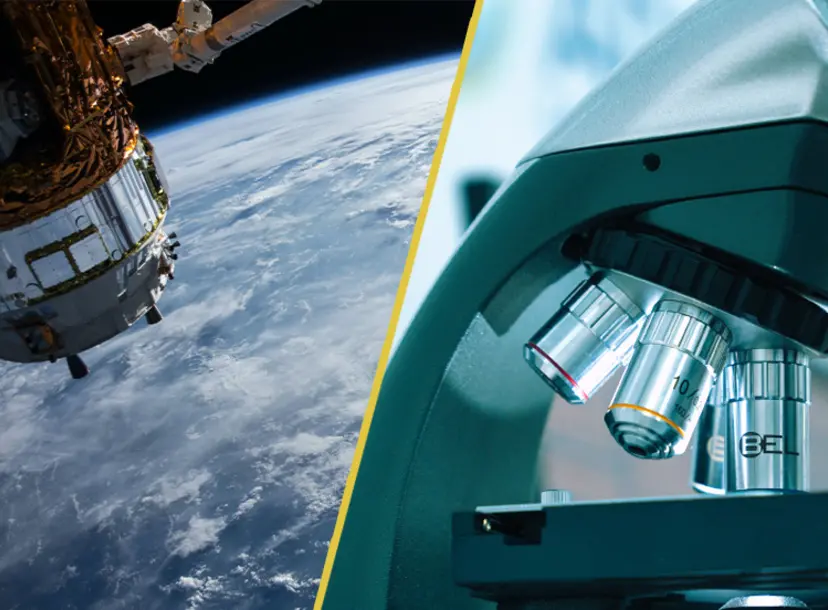 A split screen image of a satellite and a microscope