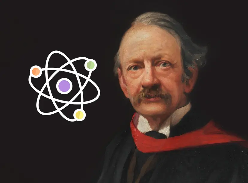 An oil painting of JJ Thomson. To his right, a digital illustration of an atom's structure