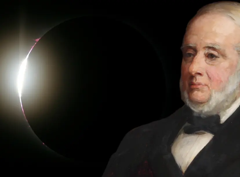 A painting of Warren de la Rue over a modern photo of a total solar eclipse.