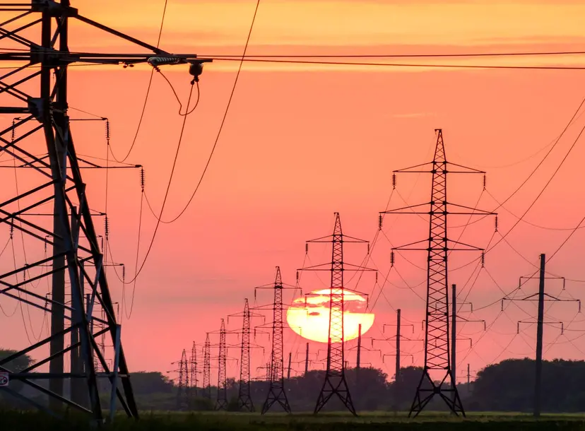 power line background of the sunset, a lot of supports for wires