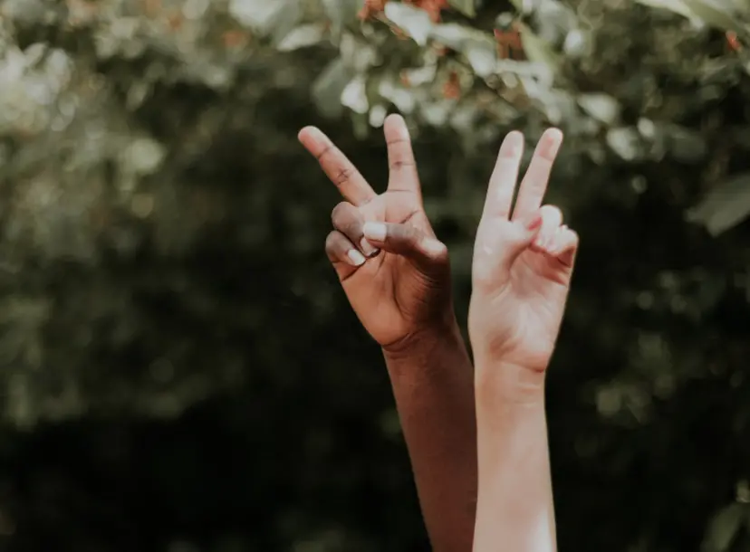 Two hands showing peace signs 