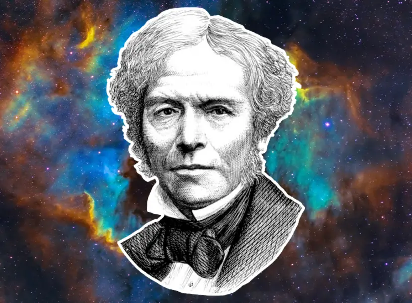 An illustration of Michael Faraday over a colourful artist's impression of space