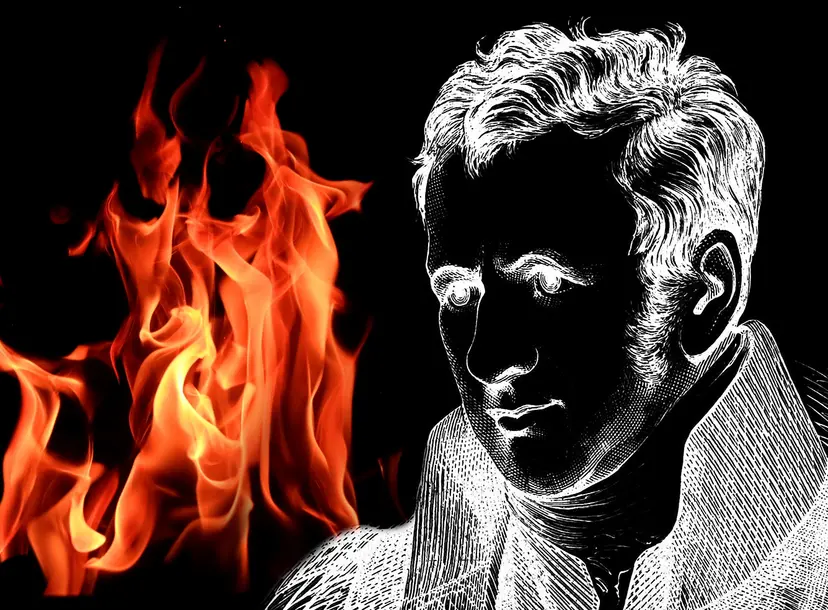 A white line illustration of Humphry Davy over a picture of fire