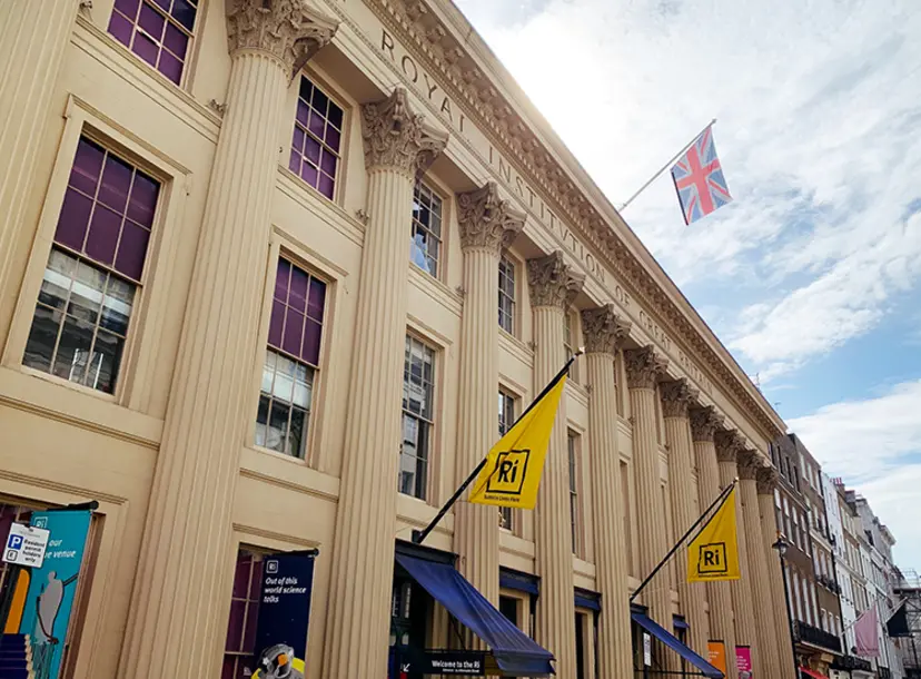 Exterior of Ri building with Union Flag flying 