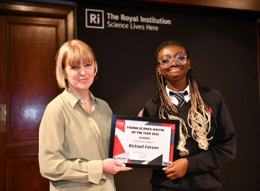 A photo of the winner, Richael Forson (14), with the Science Writer, Isabel Thomas