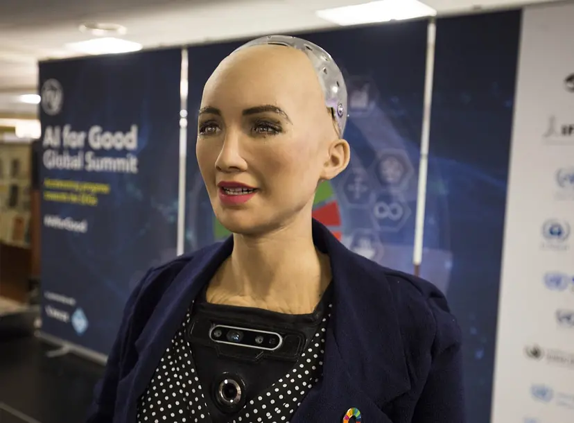 Sophia the robot, a humanoid robot, at the AI for Good Global Summit 2018