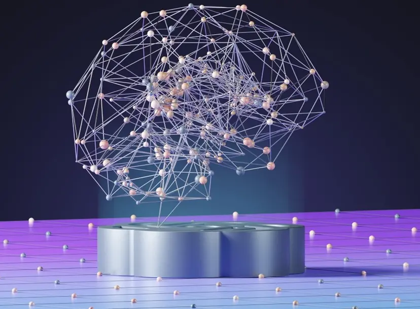 A floating brain made up of lots of different interconnected nodes 