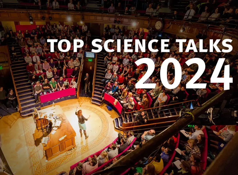 A packed Ri lecture theatre. Text reads: top science talks 2024