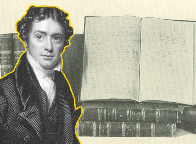A cutout of a young Michael Faraday in front of a black and white photo of some notebooks