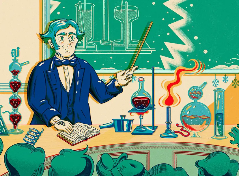 A colourful illustration of Michael Faraday lecturing