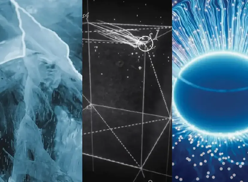 image of an iceberg, a mathematical model of a cube and a glowing blue circle