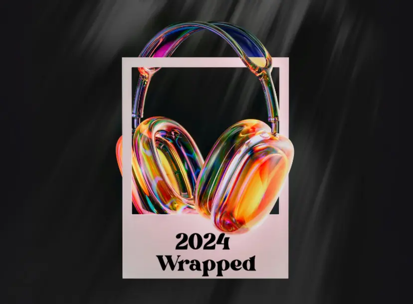 A pair of headphones on a black background with "2024 wrapped" written.
