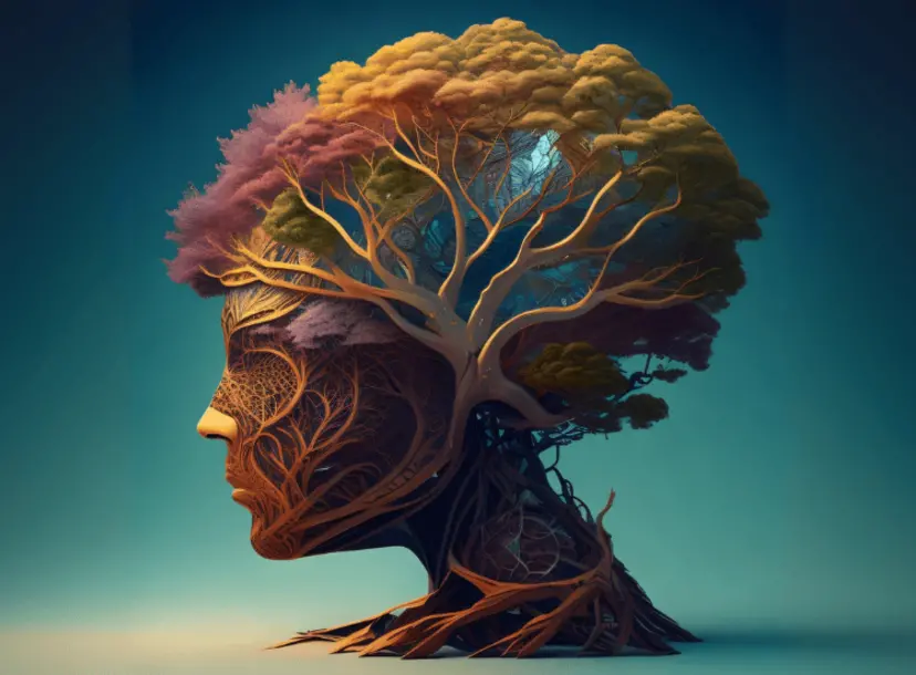 Human brain and face illustrated as tree.