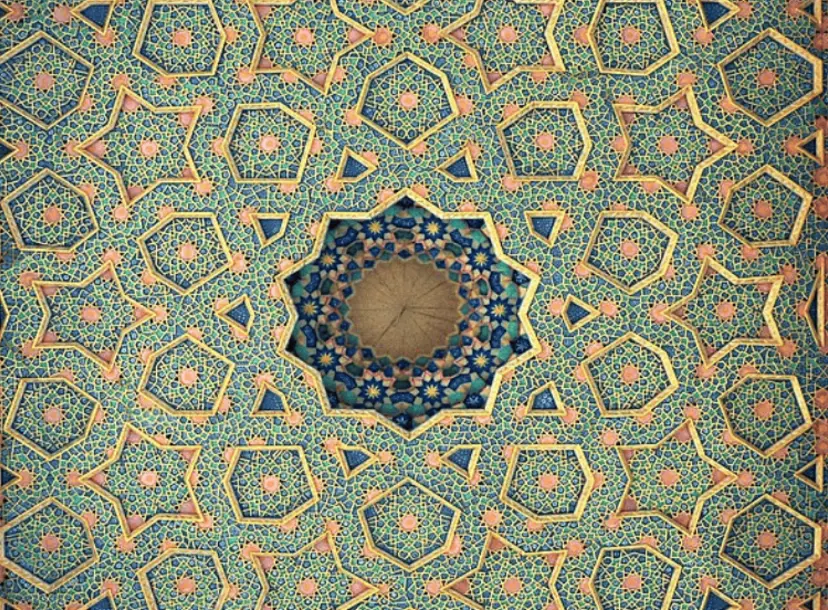 A geometrical architectural pattern at the main court gallery of the Bahaouddin Naqshbandi Bukhari mausoleum.