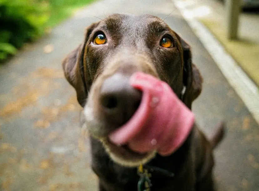 A brown labrador with it's tongue out looks into the camera