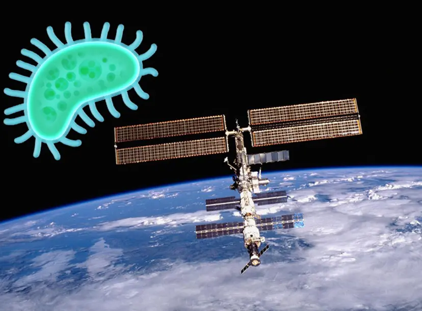 A microbe emoji looming over the ISS