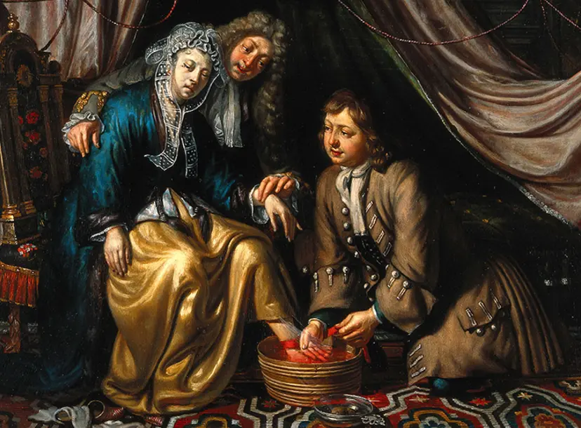 A physician and a surgeon attending to a woman patient. Oil painting by Matthijs Naiveu.