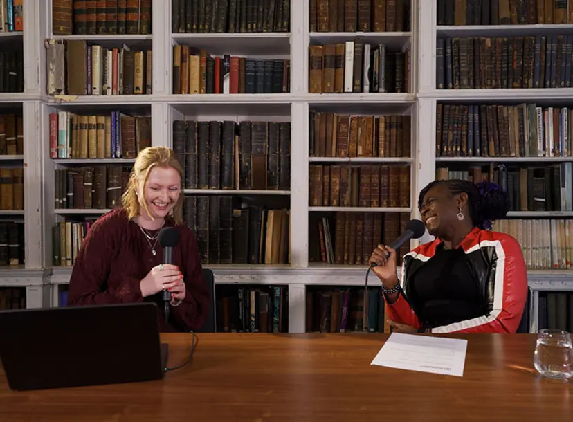 Lia Hale and Maggie Aderin-Pocock recording the podcast in the Ri Library