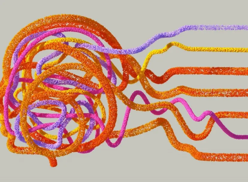 Coloured strings form an image of a human head