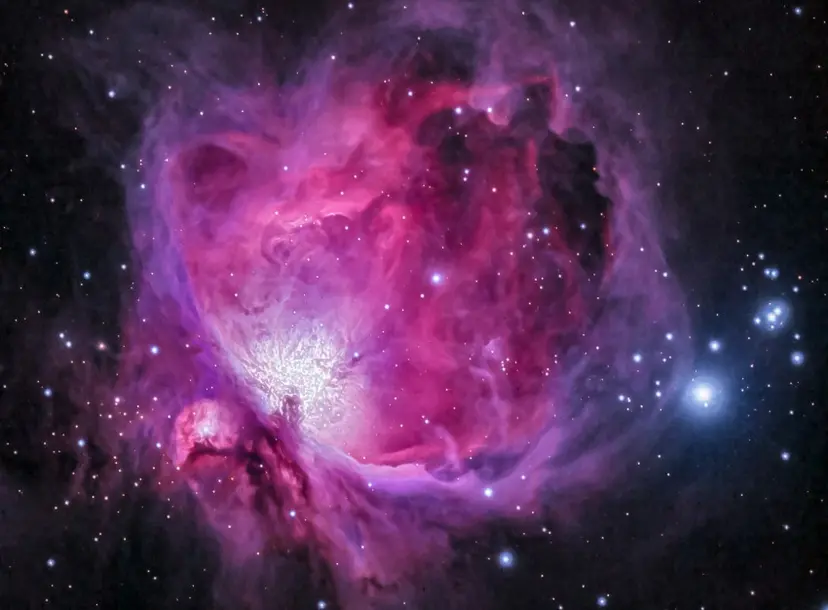 A pink and purple cloud of gas and dust, floating against the dark background of space. 