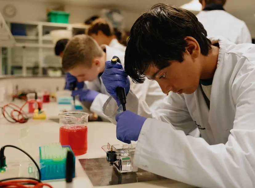 Participants concentrating while using pipettes in a lab