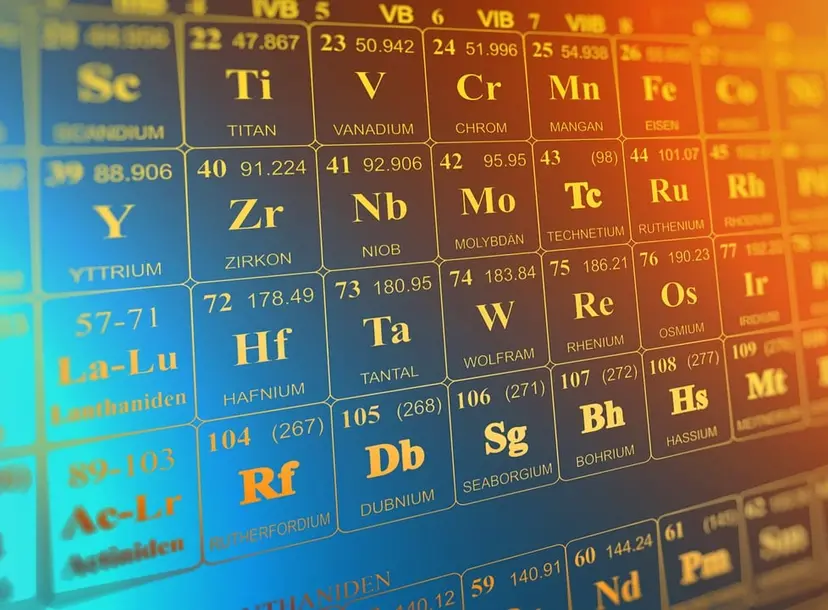 A close up of the element numbers on a periodic table. They're white and printed on a metallic background.