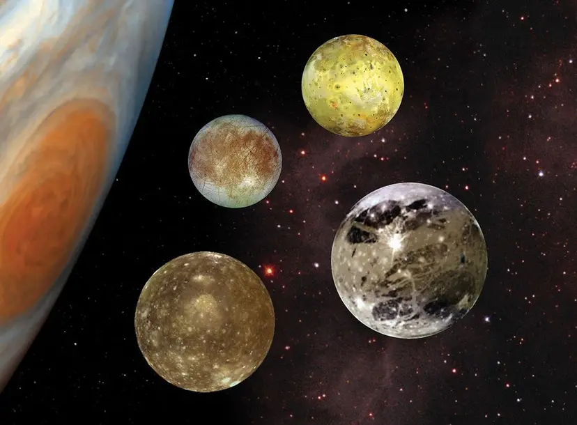 Side of Jupiter with 4 moons