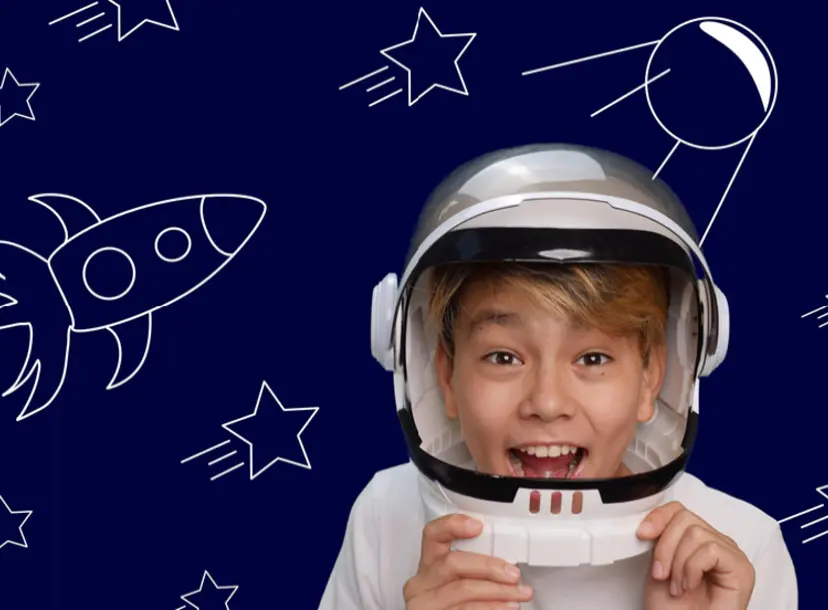 Child in astronaut helmet surrounded by cartoon stars