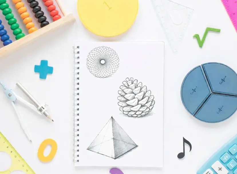 Mathematical objects and symbols surrounding a notebook with drawings on