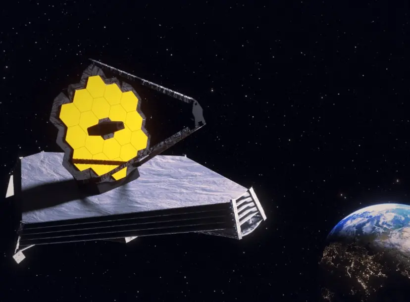 The JWST telescope in space, planet earth is in the foreground