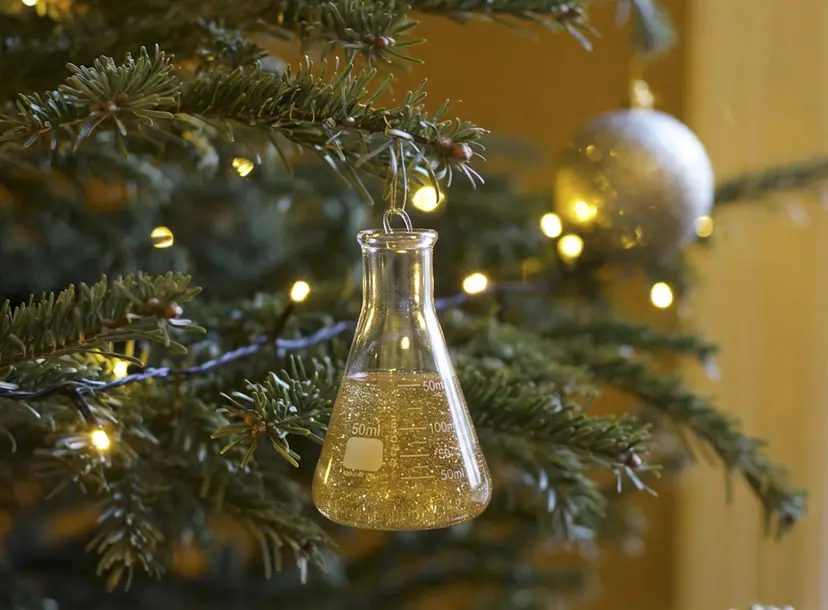 Conical flask hanging from a Christmas tree