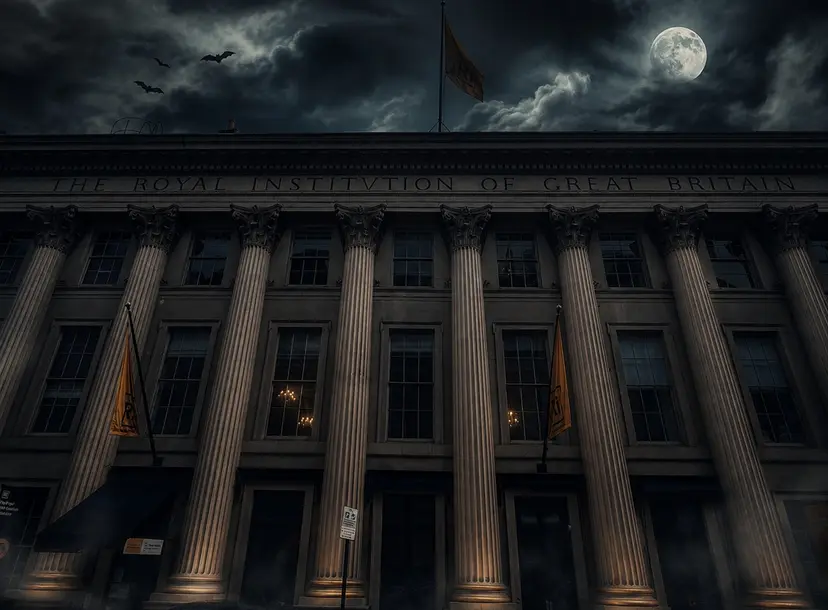Ri building in spooky dark clouds and bats