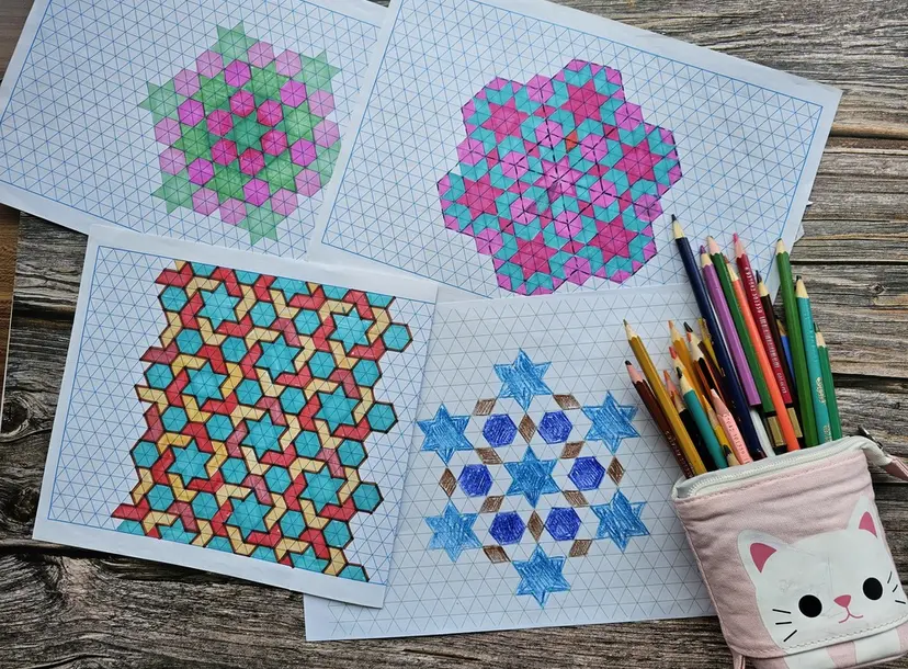 Some colourful geometric drawings on paper and a pencilcase filled with colouring pencils