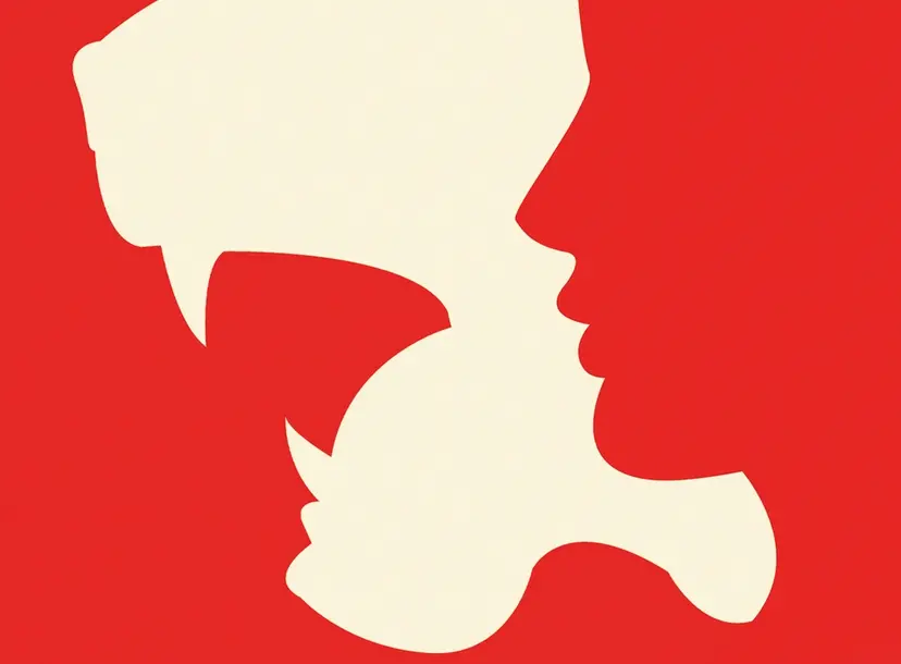 A red image of a person's face is placed over a white image of a predator.