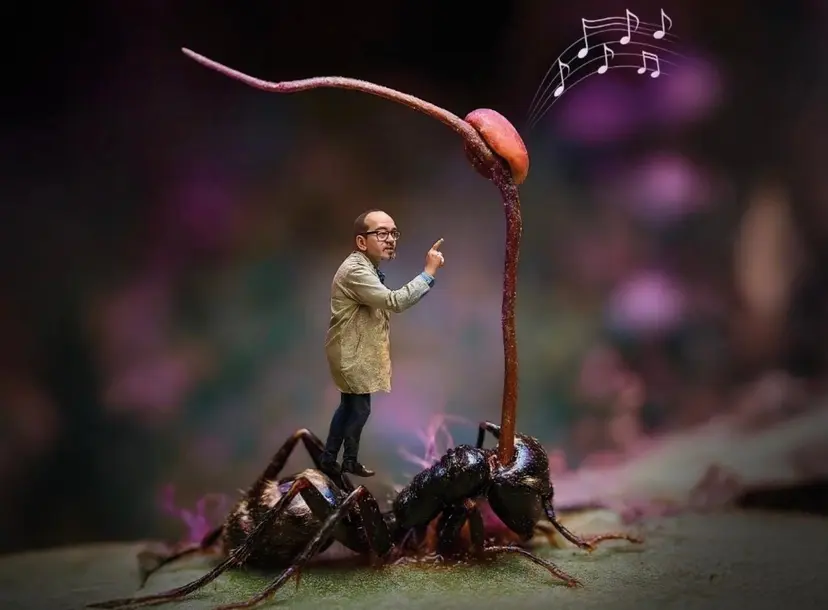 Picture of a man riding on the back of an ant