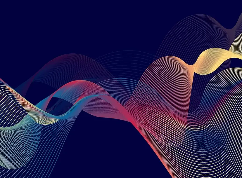 wavy coloured lines across a blue background