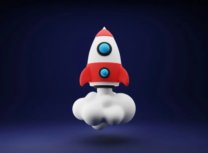 a blue, red and white rocket in space