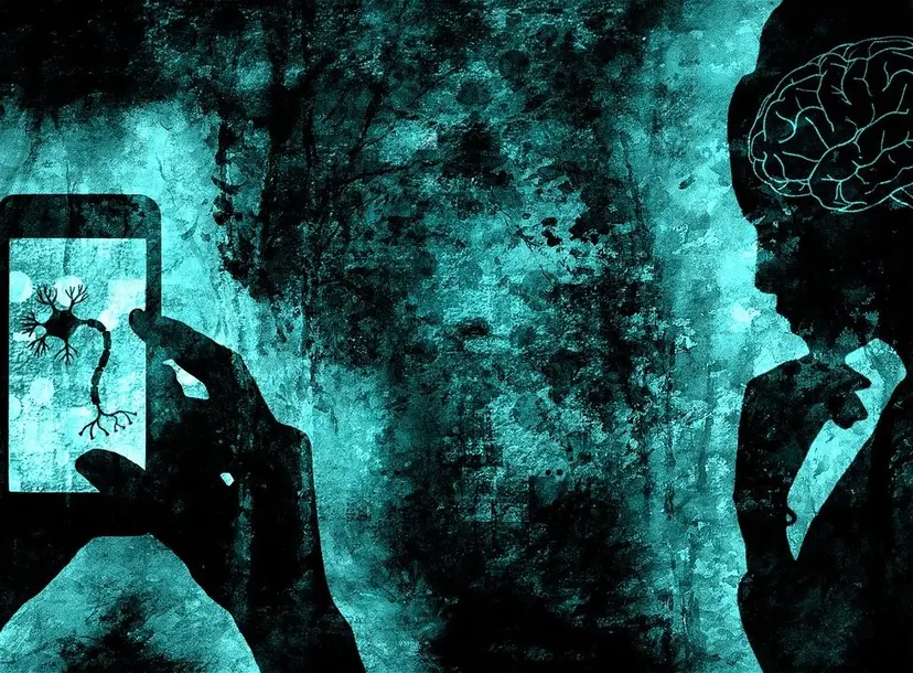 A drawing in green and black. On the left two hands hold up a phone. It has a neuron on the screen. On the right, a silhouette woman looks puzzled. 