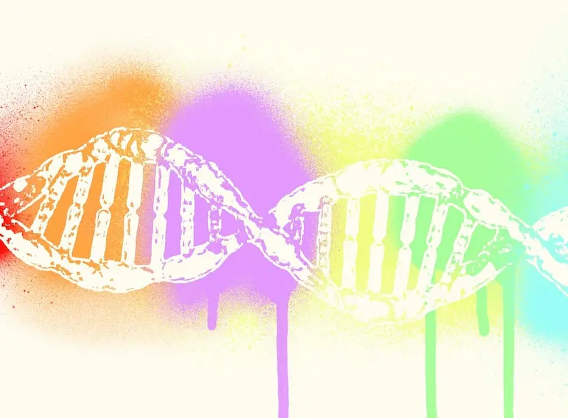 A white DNA helix lies on top of rainbow coloured graffiti sprayed in the background