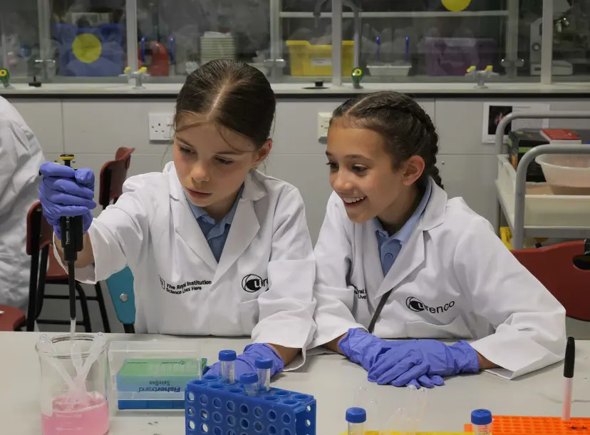 Two participants who are using pipettes in a lab