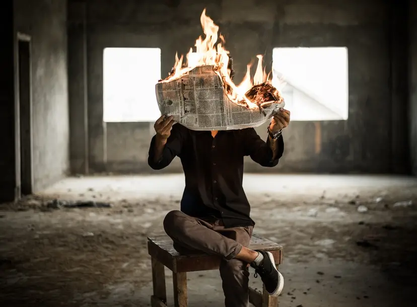 a man holding a newspaper on fire