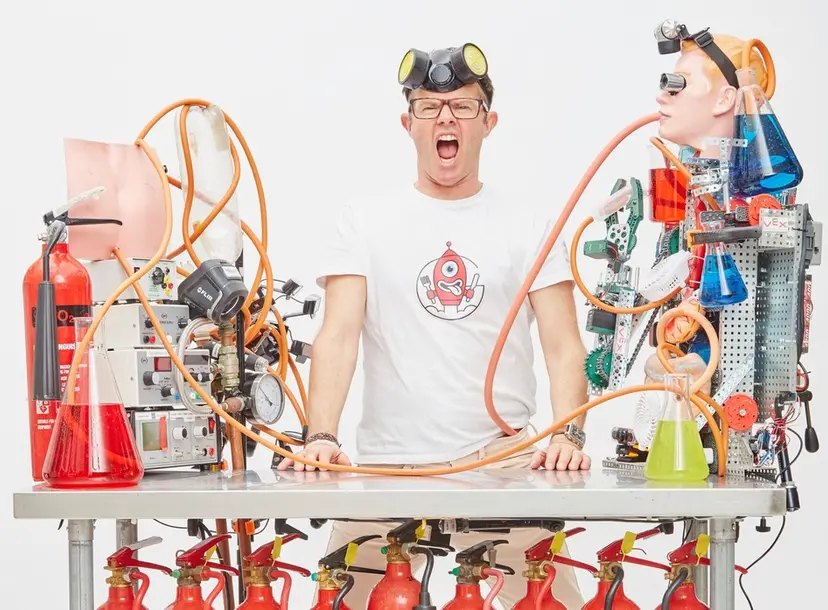Stefan Gates surrounded by equipment